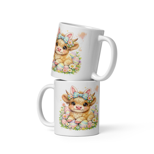 Cute Easter Highland Cow Mug – 11oz Ceramic Spring Coffee Cup