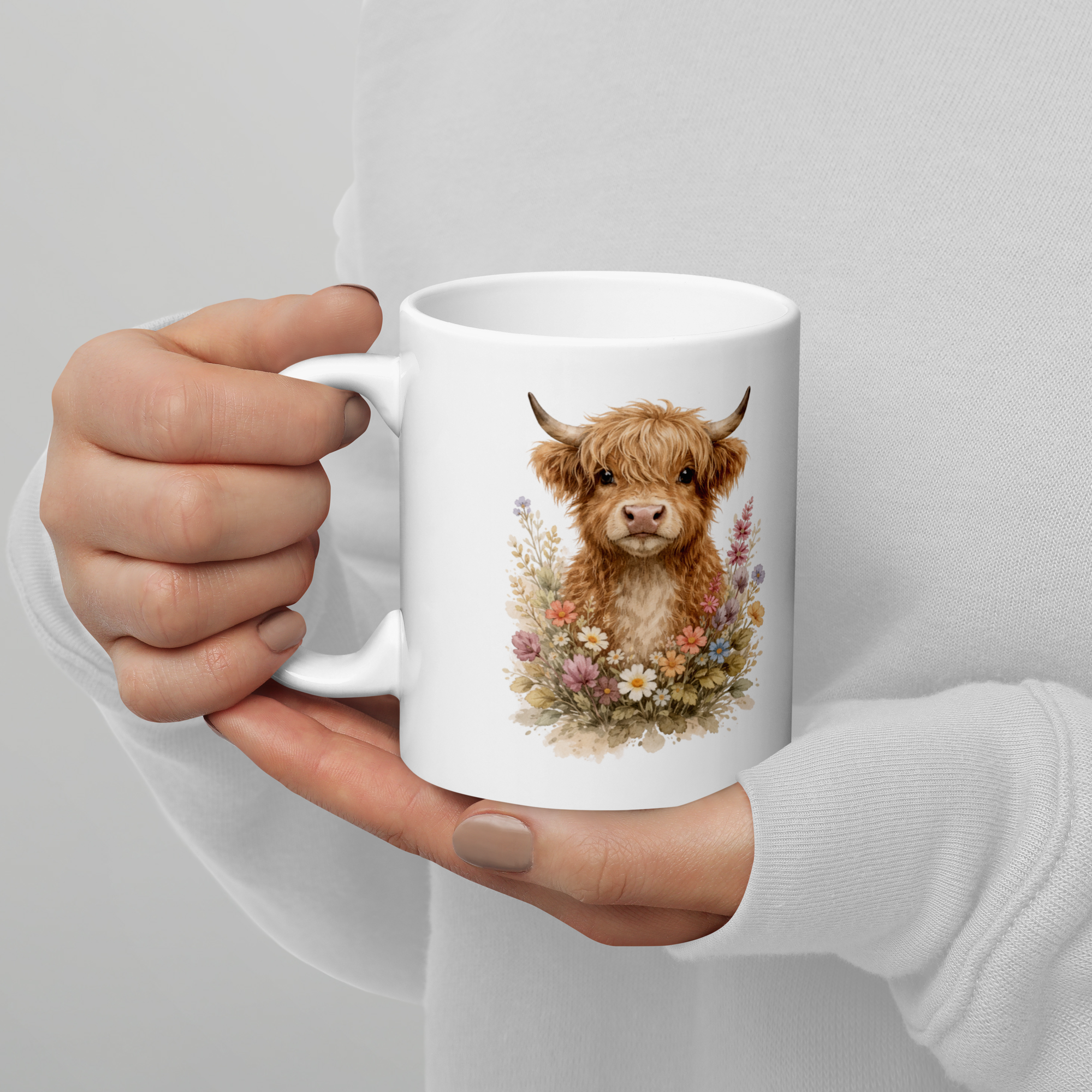 Highland Cow Floral Coffee Mug – 11oz Ceramic Farmhouse Style Cup