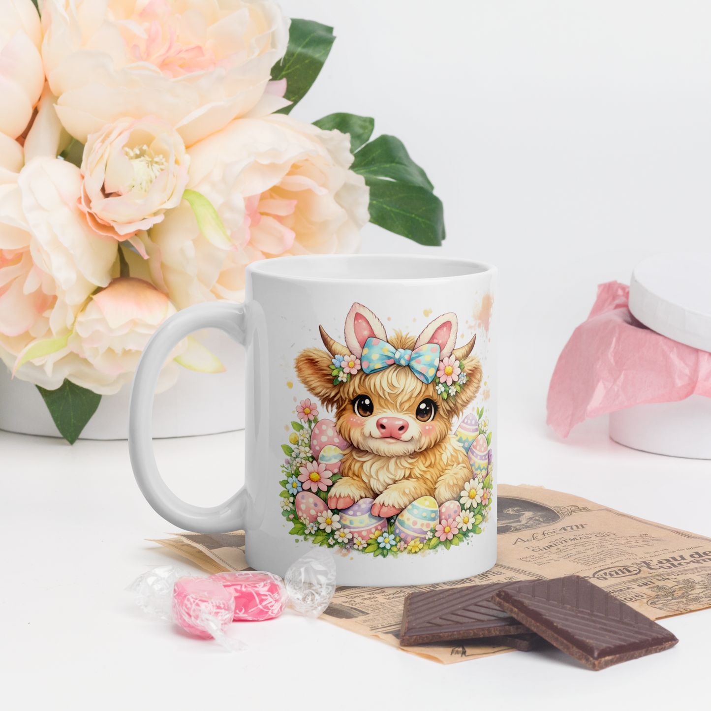 Cute Easter Highland Cow Mug – 11oz Ceramic Spring Coffee Cup