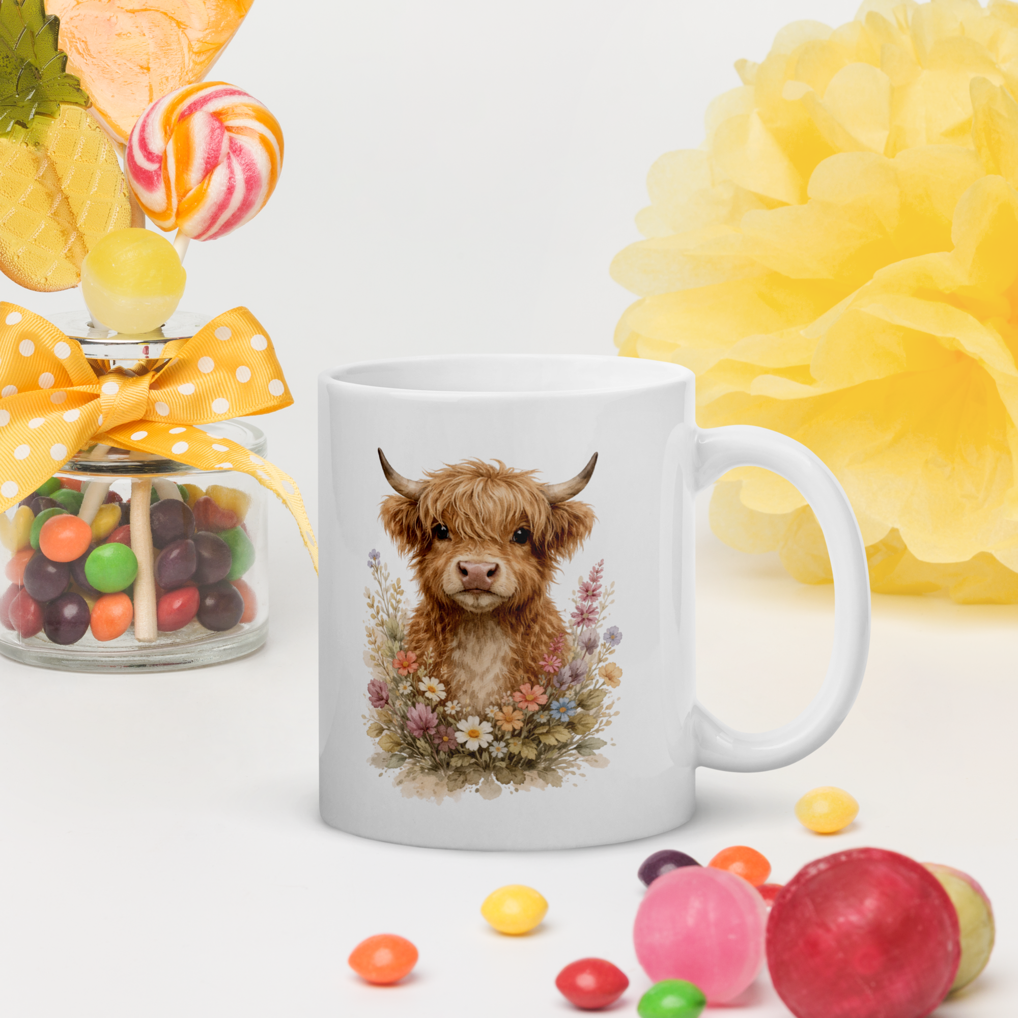 Highland Cow Floral Coffee Mug – 11oz Ceramic Farmhouse Style Cup