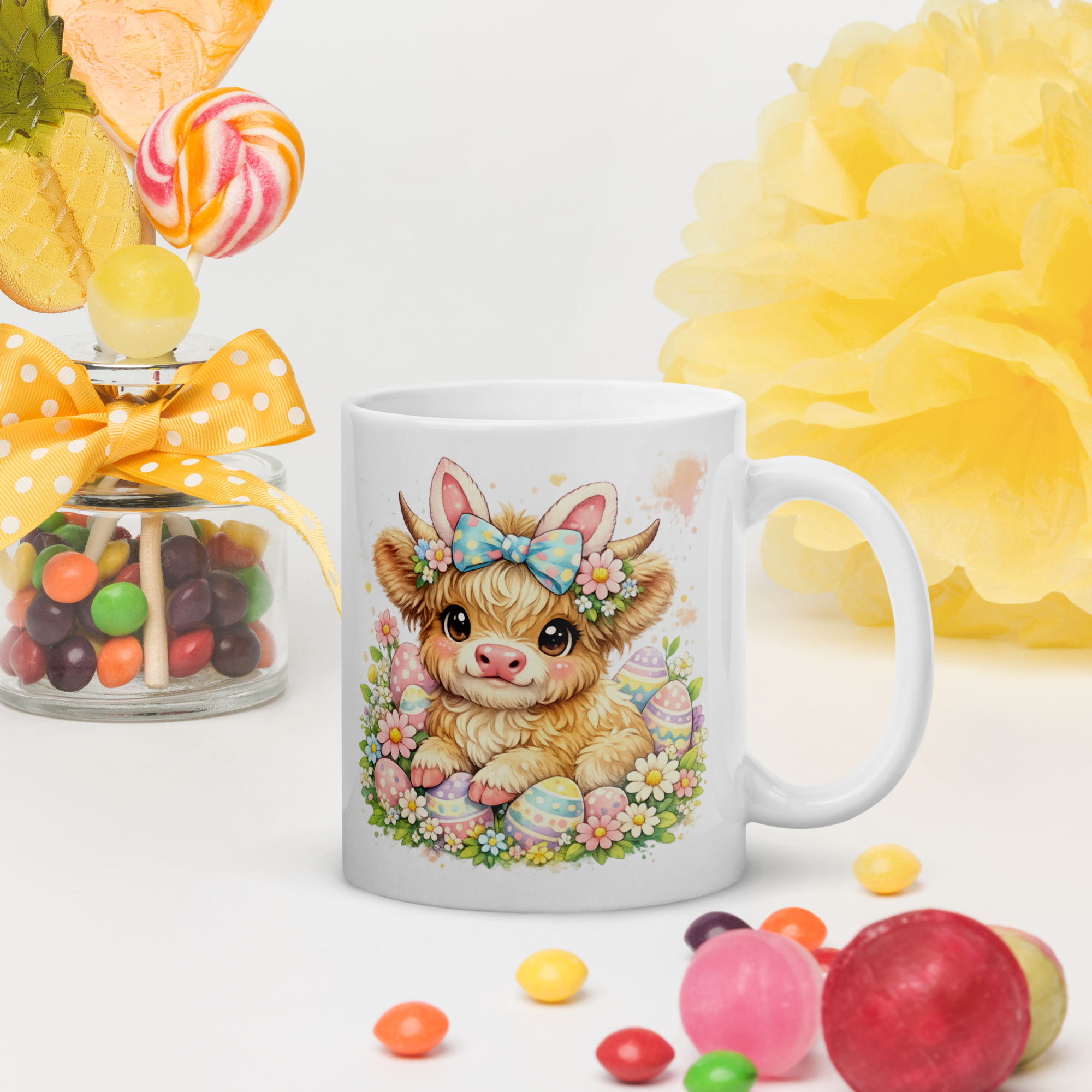 Cute Easter Highland Cow Mug – 11oz Ceramic Spring Coffee Cup