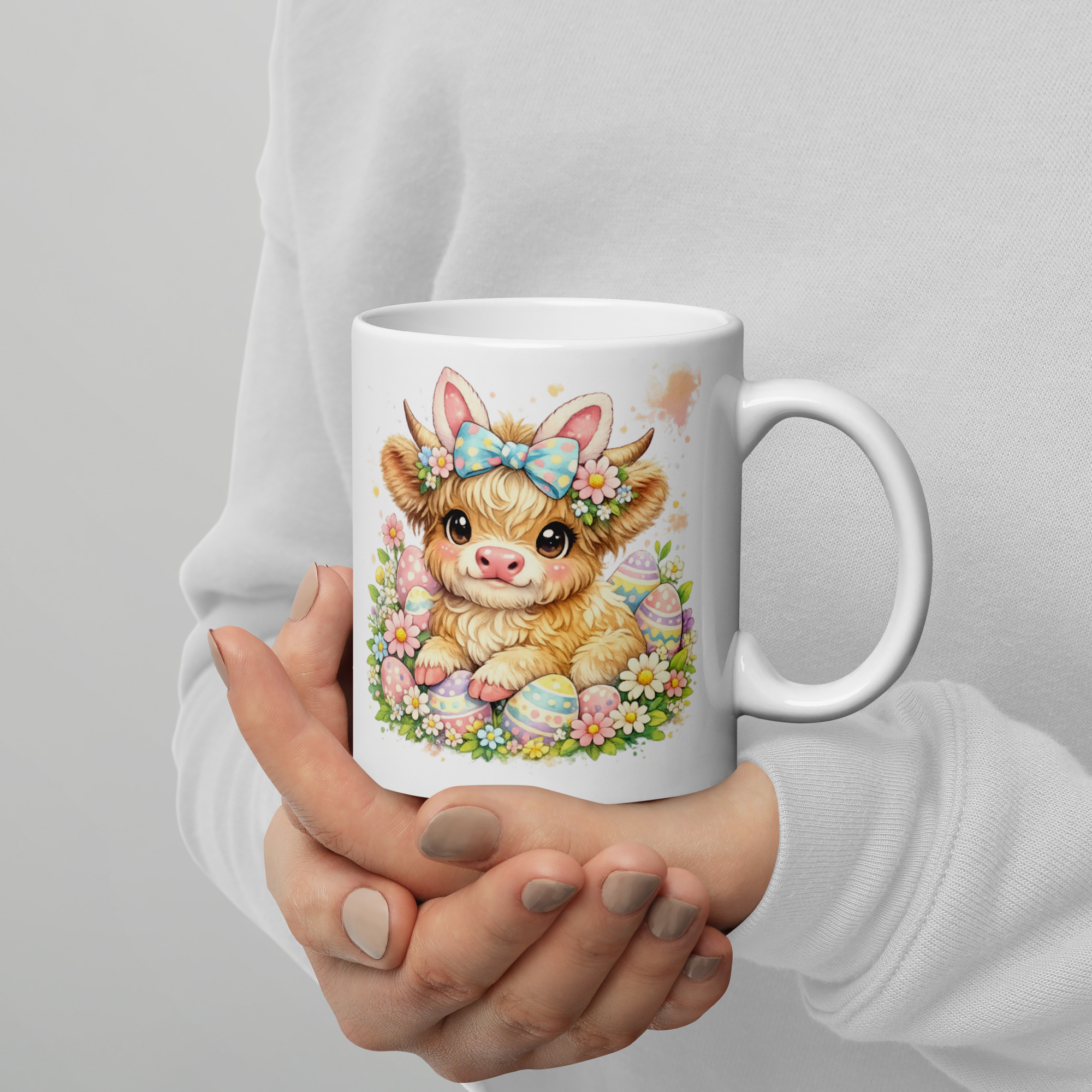 Cute Easter Highland Cow Mug – 11oz Ceramic Spring Coffee Cup