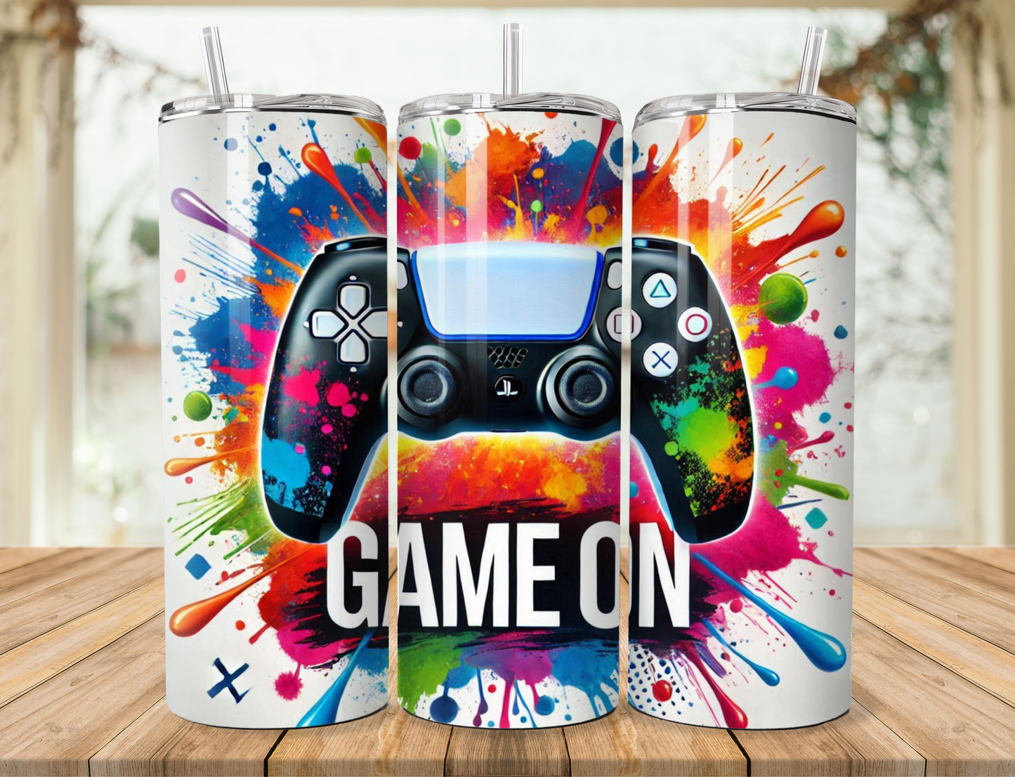 White Game-On PS Controller Metal Tumbler